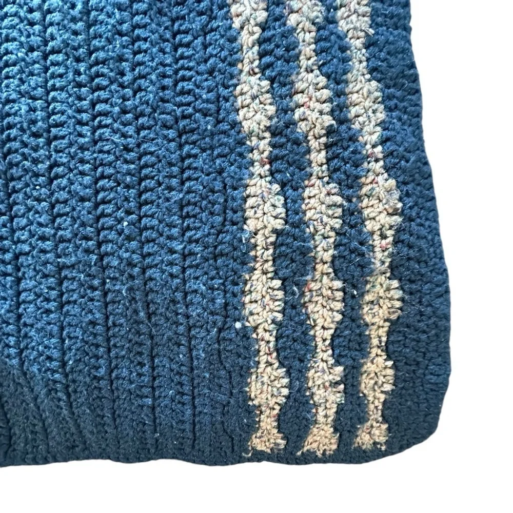 Blue tan stripes handmade crochet blanket 40x42